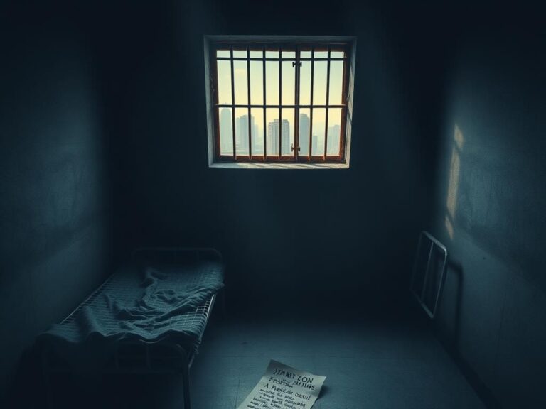 Flick International Dark prison cell symbolizing oppression and despair with cold gray walls and faint light
