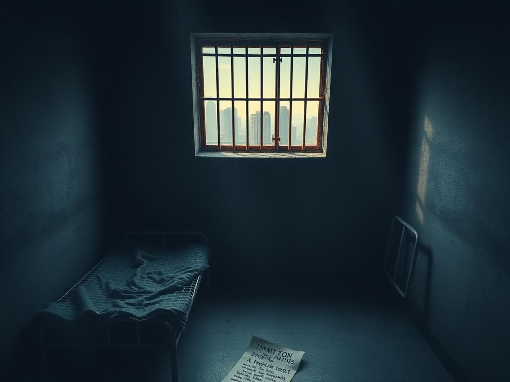 Flick International Dark prison cell symbolizing oppression and despair with cold gray walls and faint light