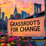 Flick International A vibrant sunset view of New York City showcasing a banner for Zohran Mamdani's campaign