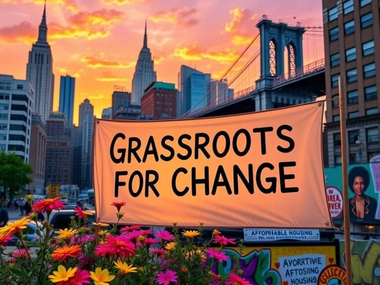 Flick International A vibrant sunset view of New York City showcasing a banner for Zohran Mamdani's campaign