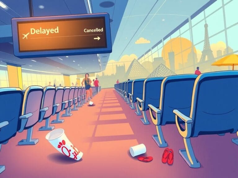 Flick International Busy airport terminal scene with empty airline seats and a digital flight status board showing delays.