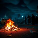 Flick International Chaotic urban landscape at night with burning vehicle and debris indicating protest violence