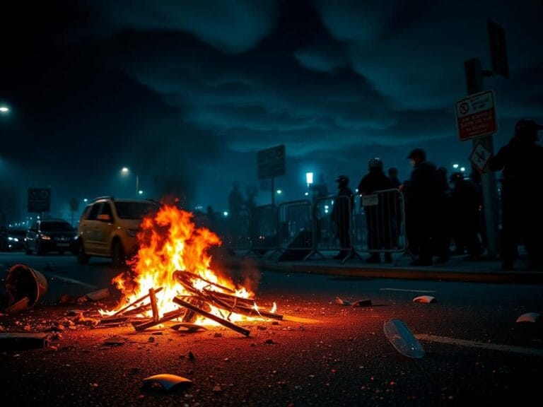 Flick International Chaotic urban landscape at night with burning vehicle and debris indicating protest violence