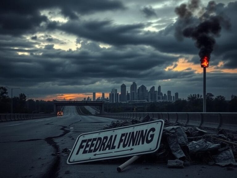 Flick International A stark urban landscape showcasing damaged infrastructure with a cracked highway and charred street signs under a dramatic sky.