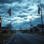 Flick International Desolate small-town street with a closed police station at dusk