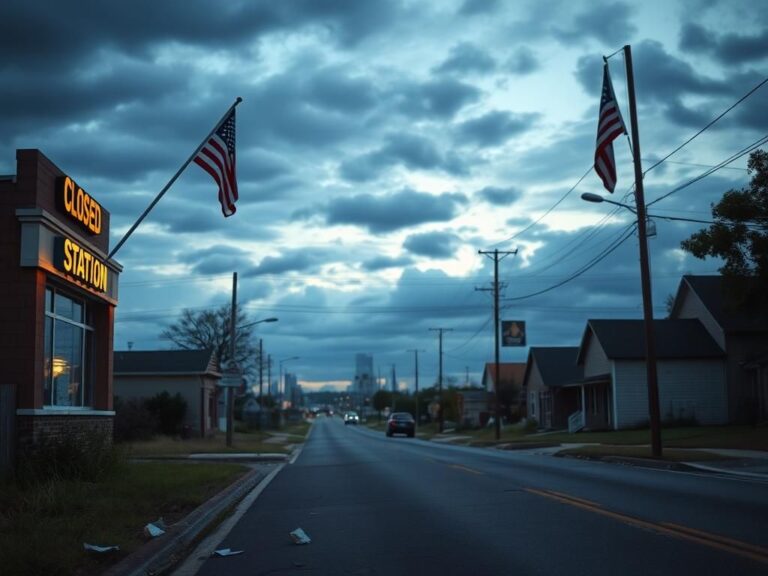Flick International Desolate small-town street with a closed police station at dusk