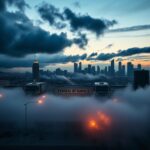 Flick International Aerial view of the Los Angeles skyline at dusk with storm clouds and military presence