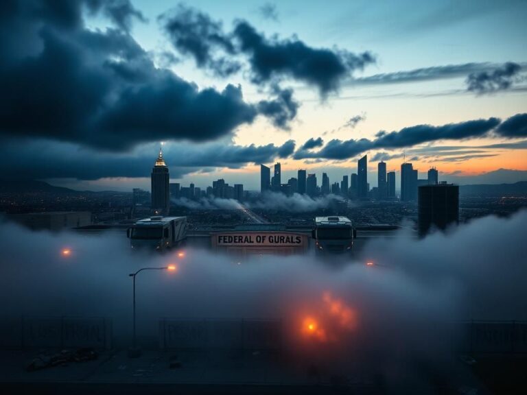 Flick International Aerial view of the Los Angeles skyline at dusk with storm clouds and military presence