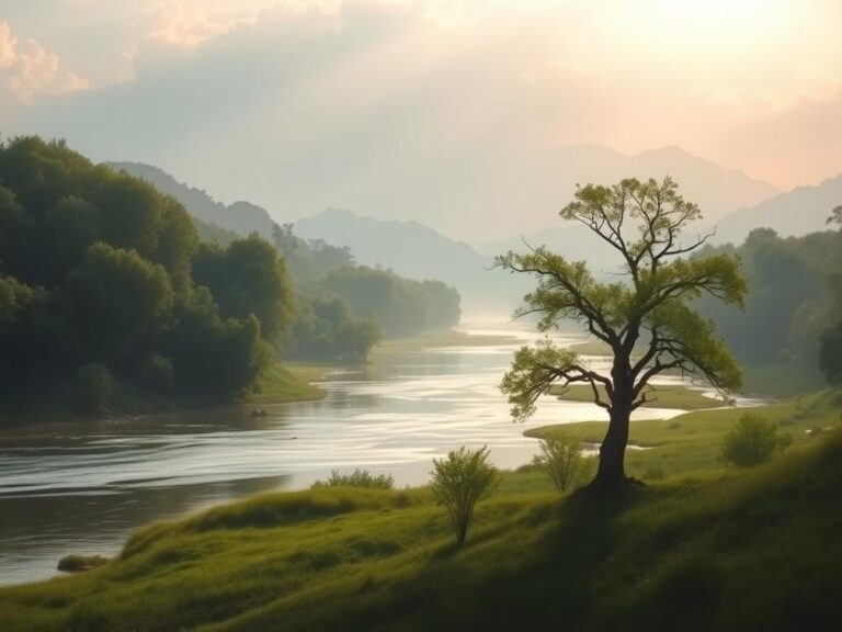 Flick International Tranquil landscape symbolizing hope and resilience with a river flowing through a lush forest