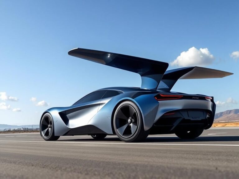 Flick International sleek flying car parked on a modern runway with unfolding wings under a clear blue sky