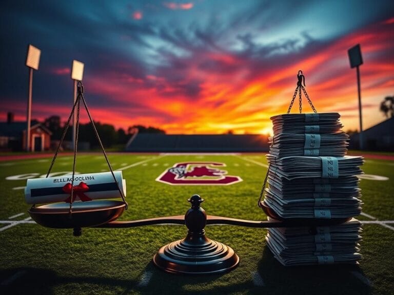 Flick International Dramatic scene depicting college football loyalty with South Carolina Gamecocks logo at sunset