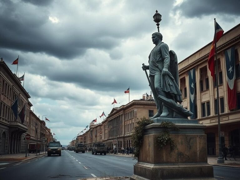 Flick International A desolate urban landscape depicting an empty street with crumbling government buildings and a weathered statue of democracy.