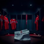 Flick International Empty Boston Red Sox lockers with jerseys and a crumpled contract symbolizing Rafael Devers' trade