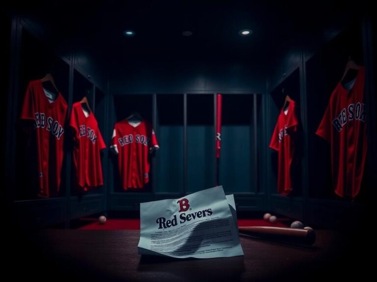 Flick International Empty Boston Red Sox lockers with jerseys and a crumpled contract symbolizing Rafael Devers' trade