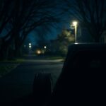 Flick International A dimly lit suburban street at night with a dark driveway and a DoorDash delivery bag