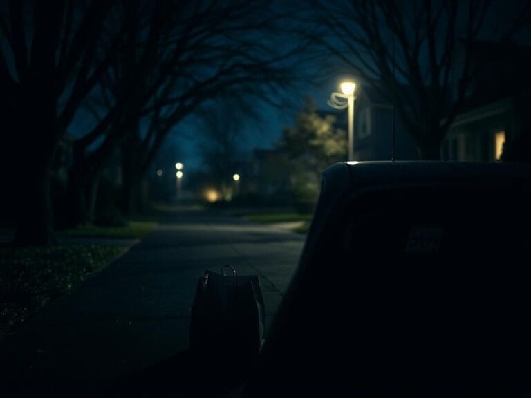 Flick International A dimly lit suburban street at night with a dark driveway and a DoorDash delivery bag