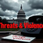 Flick International ominous landscape featuring the U.S. Capitol building under dark clouds with an empty telephone receiver and a notepad labeled 'Threats & Violence'