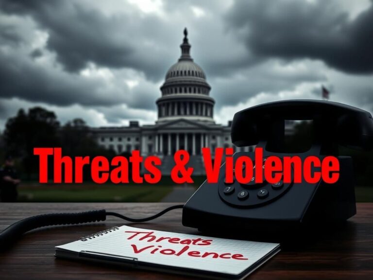 Flick International ominous landscape featuring the U.S. Capitol building under dark clouds with an empty telephone receiver and a notepad labeled 'Threats & Violence'