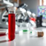 Flick International Close-up view of a blood sample tube filled with deep red liquid, symbolizing blood, placed on a laboratory bench surrounded by scientific equipment.