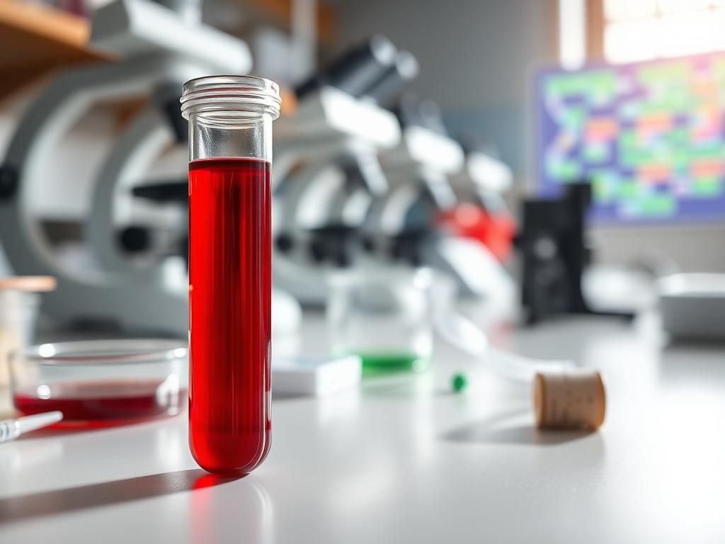 Flick International Close-up view of a blood sample tube filled with deep red liquid, symbolizing blood, placed on a laboratory bench surrounded by scientific equipment.