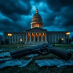 Flick International A shadowy figure of a gun lying on the ground near the Minnesota state capitol building at dusk
