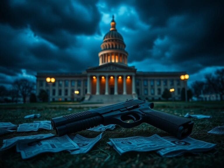 Flick International A shadowy figure of a gun lying on the ground near the Minnesota state capitol building at dusk
