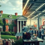 Flick International Artistic representation depicting the contrast between Harvard University and a vibrant trade school environment.
