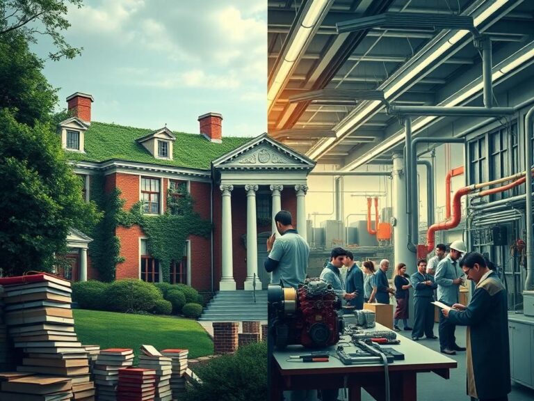 Flick International Artistic representation depicting the contrast between Harvard University and a vibrant trade school environment.