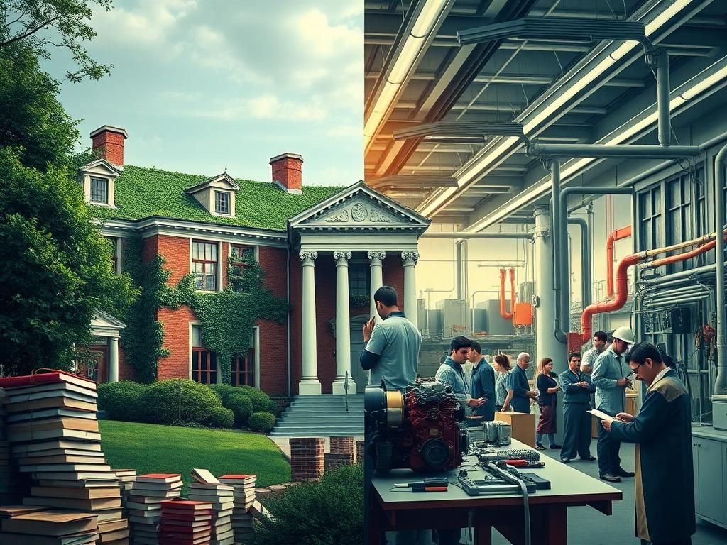 Flick International Artistic representation depicting the contrast between Harvard University and a vibrant trade school environment.