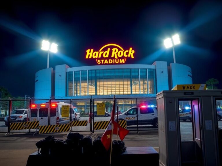 Flick International Night view of Hard Rock Stadium showcasing enhanced security measures during Club World Cup