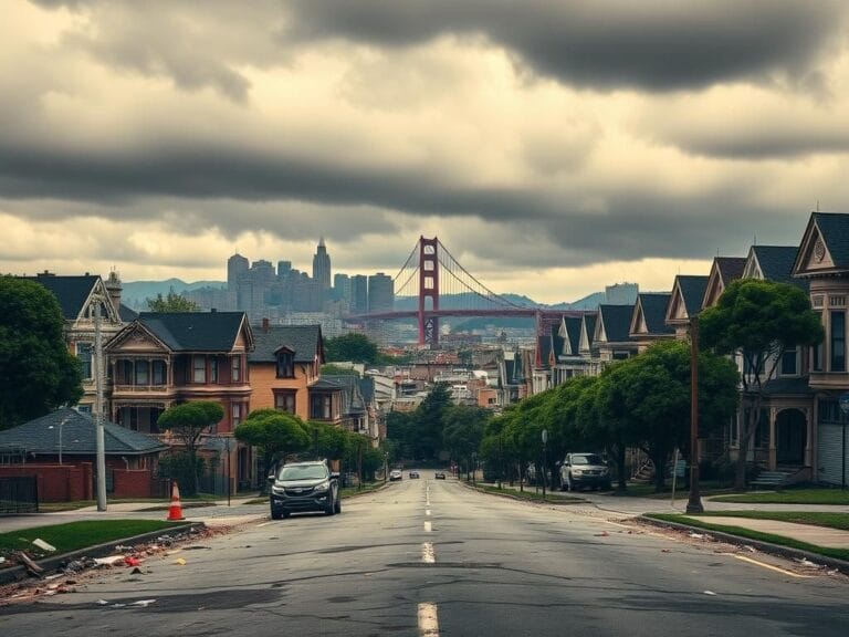 Flick International A cityscape view of San Francisco highlighting the contrast between vibrant landmarks and urban neglect.
