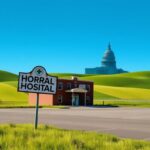 Flick International Weathered hospital sign symbolizing the uncertainty of rural healthcare
