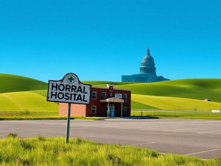 Flick International Weathered hospital sign symbolizing the uncertainty of rural healthcare