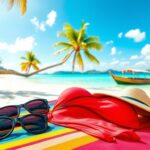 Flick International A vibrant beach scene with a red and black bikini on a towel, surrounded by tropical elements