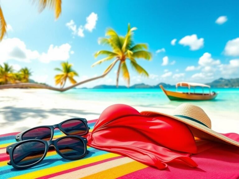 Flick International A vibrant beach scene with a red and black bikini on a towel, surrounded by tropical elements