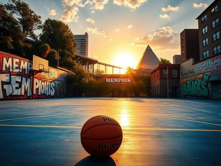 Flick International Vibrant basketball court in Memphis at sunset with iconic landmarks in the background
