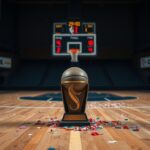 Flick International Close-up of a basketball court with a worn-out trophy at center court surrounded by colorful confetti