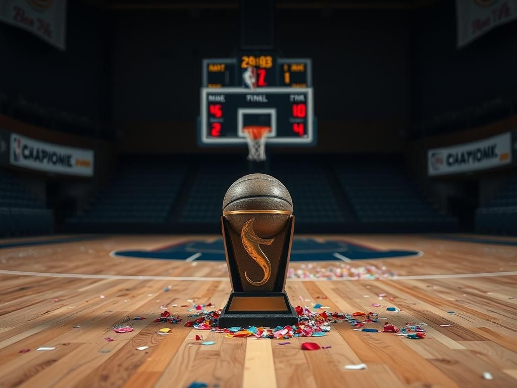 Flick International Close-up of a basketball court with a worn-out trophy at center court surrounded by colorful confetti
