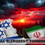 Flick International Abstract representation of geopolitical tension between Israel and Iran, featuring a fragmented Israeli flag and stylized Persian patterns.