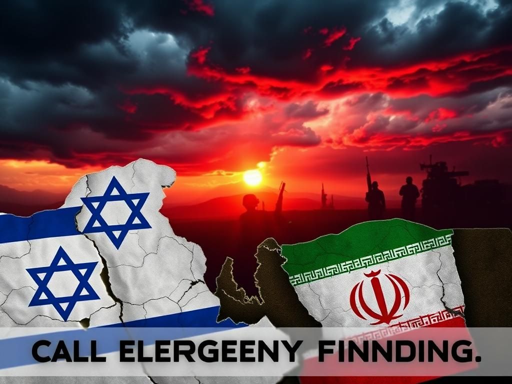 Flick International Abstract representation of geopolitical tension between Israel and Iran, featuring a fragmented Israeli flag and stylized Persian patterns.