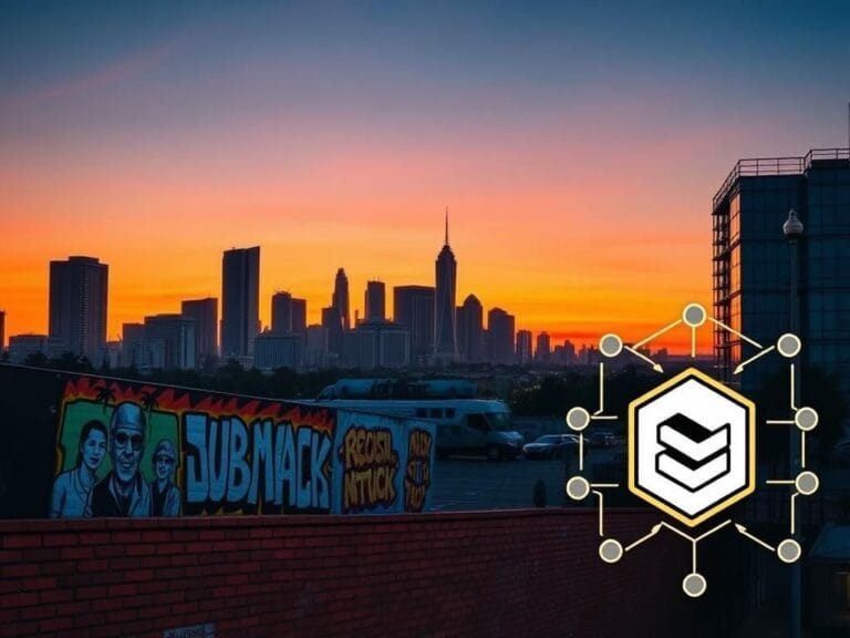 Flick International A dynamic cityscape of Los Angeles at dusk with colorful street art murals symbolizing protest and activism.