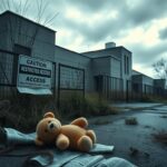 Flick International Closed hospital with caution sign and abandoned child's toy