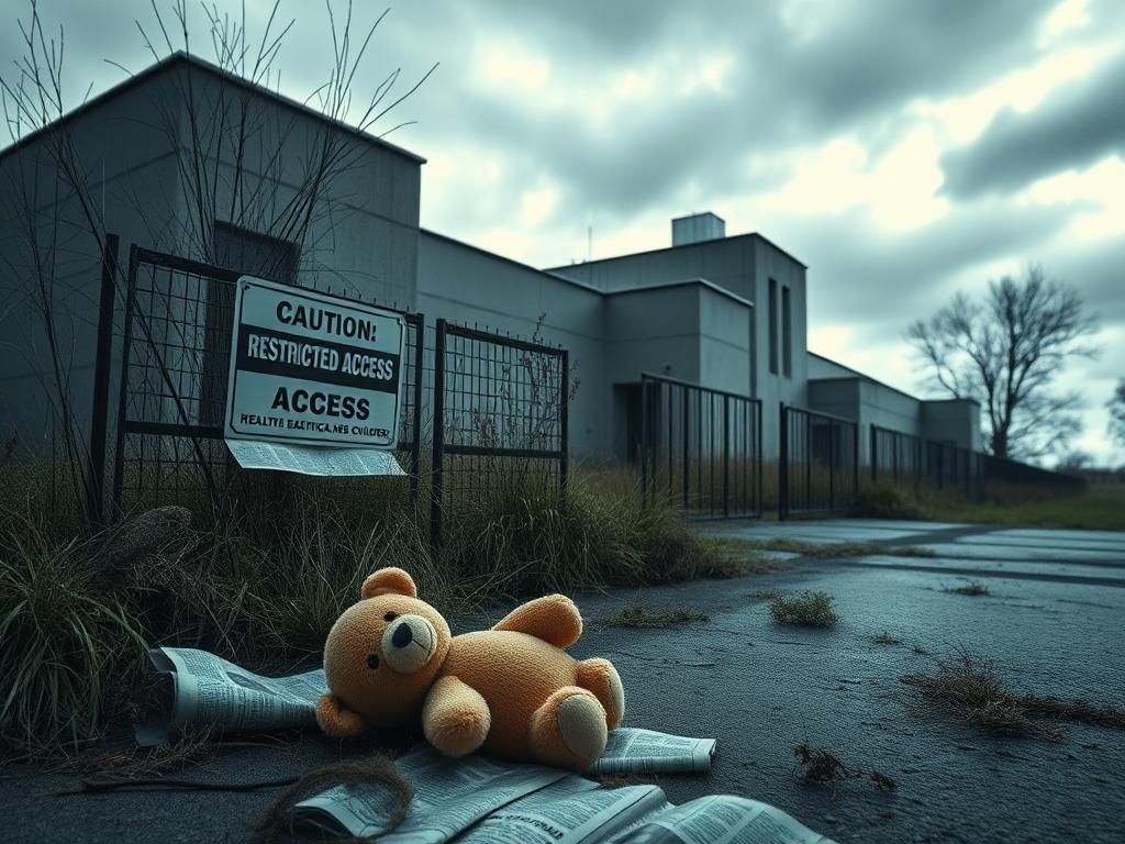 Flick International Closed hospital with caution sign and abandoned child's toy