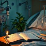 Flick International Hospital scene with ventilator and ECMO machine, candle, and prayer notebook symbolizing hope