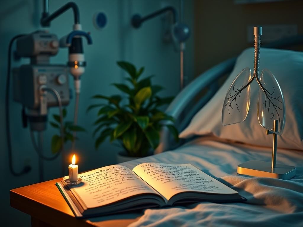 Flick International Hospital scene with ventilator and ECMO machine, candle, and prayer notebook symbolizing hope
