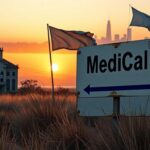 Flick International California landscape with Medi-Cal sign and San Francisco skyline