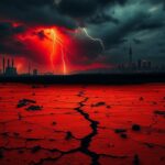 Flick International Dramatic landscape depicting the tension between Israel and Iran with cracked earth and ominous sky.