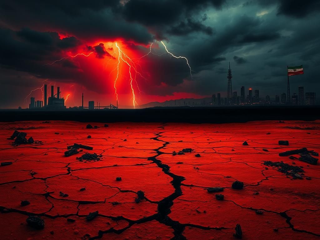 Flick International Dramatic landscape depicting the tension between Israel and Iran with cracked earth and ominous sky.