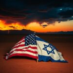 Flick International Torn American and Israeli flags intertwined on desert ground at dusk, symbolizing conflict.