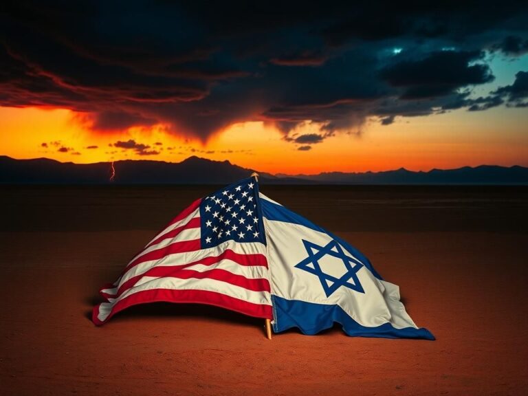 Flick International Torn American and Israeli flags intertwined on desert ground at dusk, symbolizing conflict.